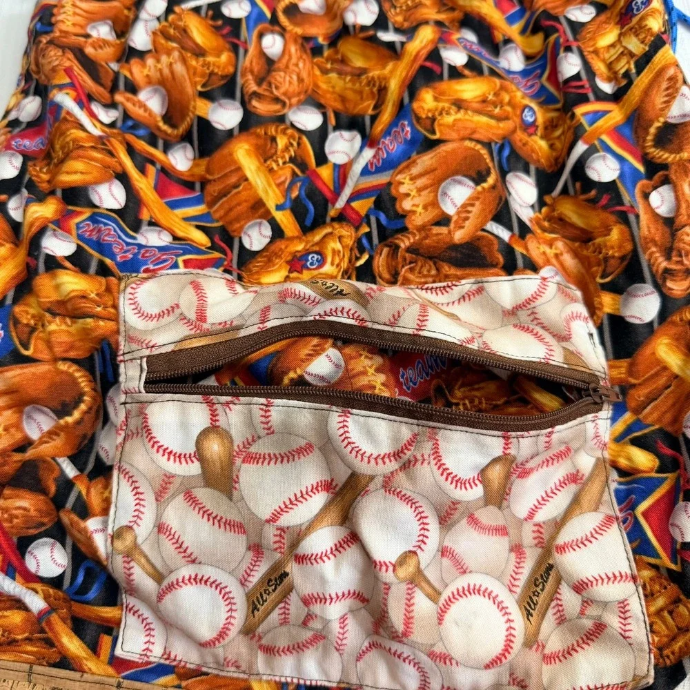 Handmade Womens Baseball Mom Print Drawstring Backpack Cork Detail Sporty Game